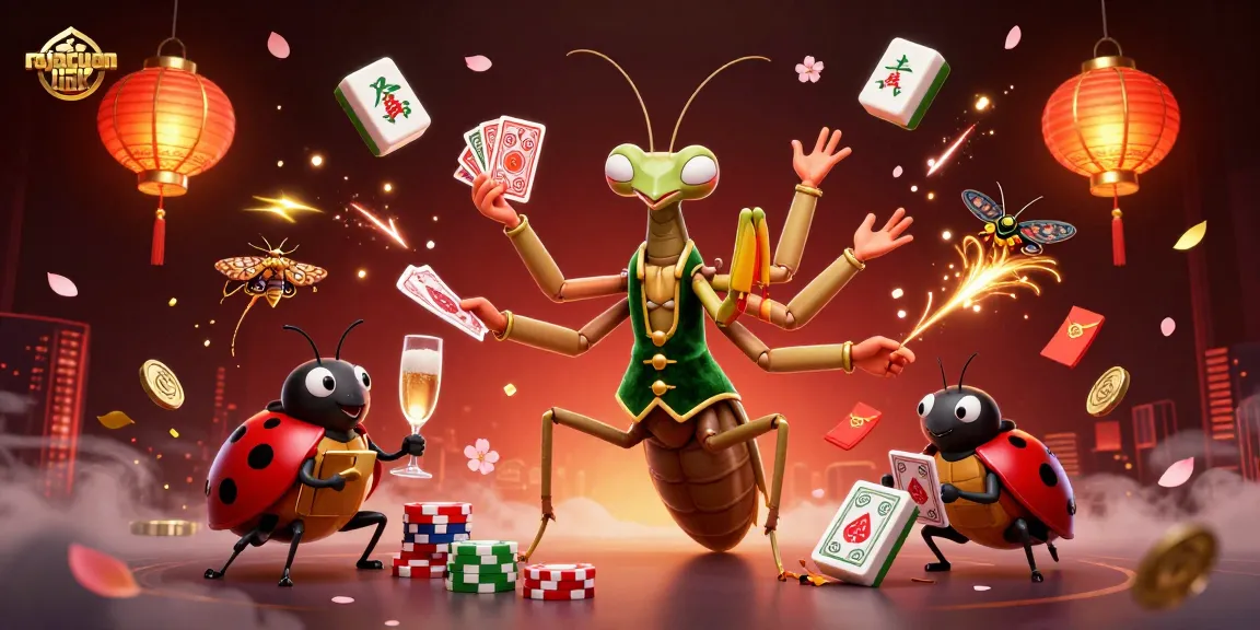 Experience the excitement with rajacuan link as the mantis dealer shuffles cards and pours champagne in a lively casino.