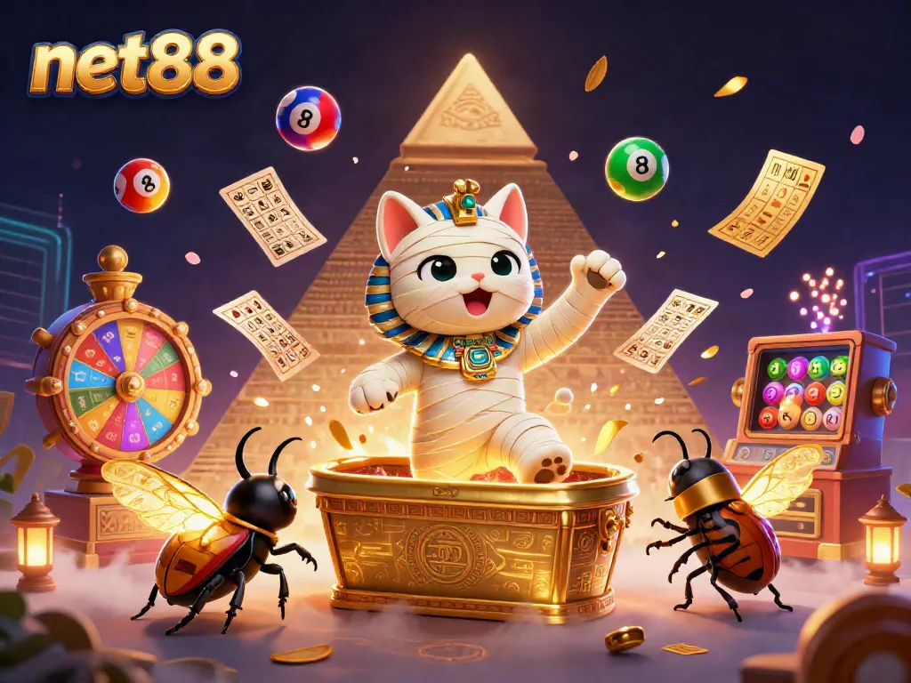 Experience the excitement of net88 with a vibrant 3D scene featuring a mummy cat and gaming elements.