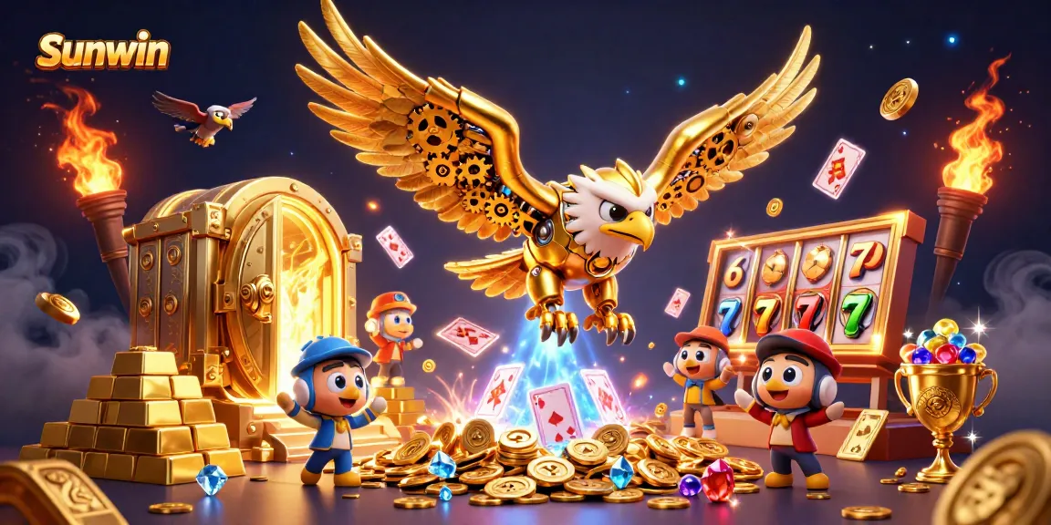 Sunwin showcases a dynamic 3D illustration of a cybernetic eagle diving through holographic cards in a vibrant casino atmosphere.