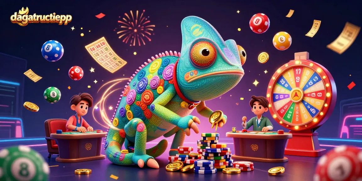Engage with dagatructiepp in a vibrant, high-energy illustration featuring a colorful chameleon casino owner and dynamic cockfighting elements.