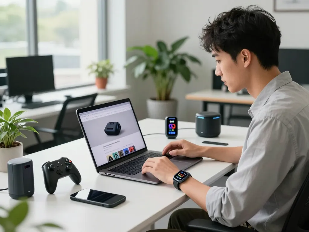 The latest tech gadgets 2086 showcased in a modern workspace, featuring a young professional amid a variety of innovative Bluetooth devices.