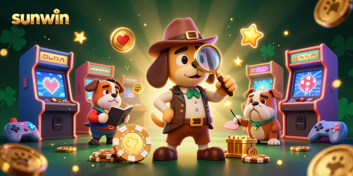 Play to win at sunwin with a detective dog uncovering treasure clues in a vibrant casino scene.