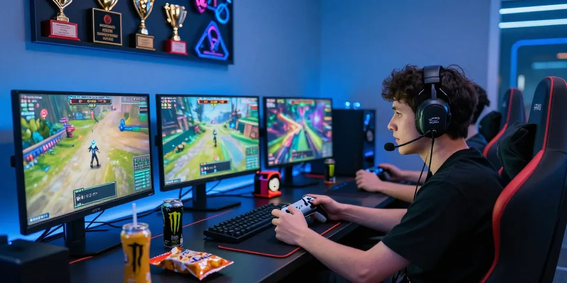 B52 gaming player focused on competitive gaming setup with vibrant displays and immersive atmosphere.