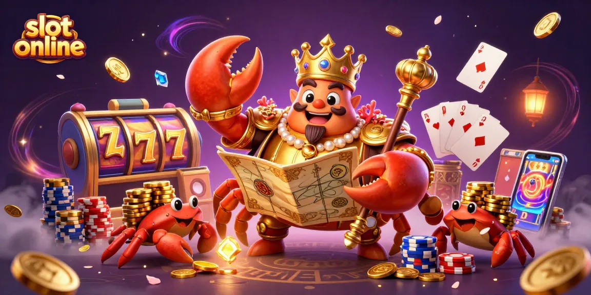 Experience slot online excitement with a 3D golden crab emperor amidst spinning reels and sparkling gems.