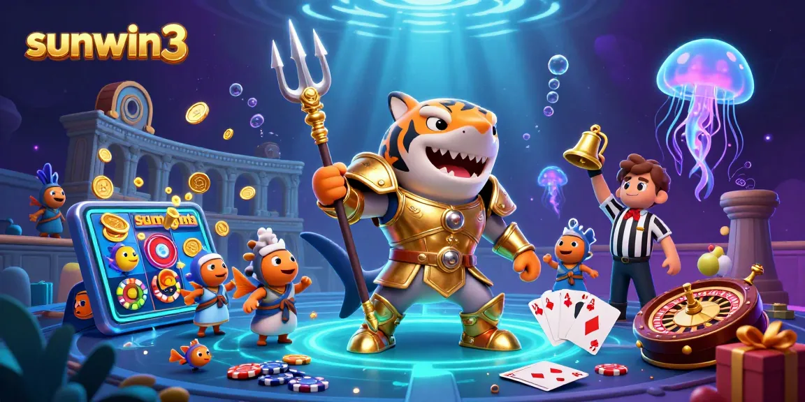 Engage with the excitement of sunwin3 in this vibrant underwater casino scene featuring a gladiator shark and game elements.