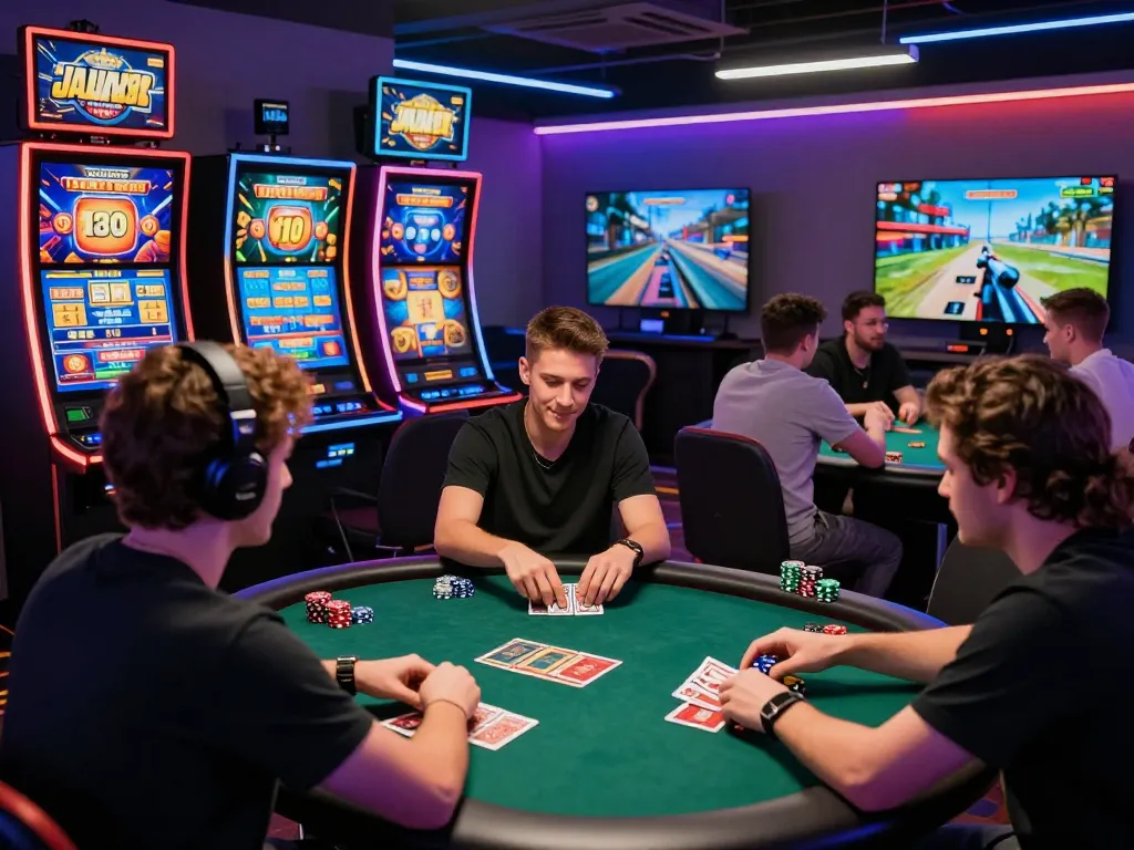 Experience thrilling gaming action at https://rr88c.mobi/ with players enjoying poker and slots in a vibrant virtual casino.