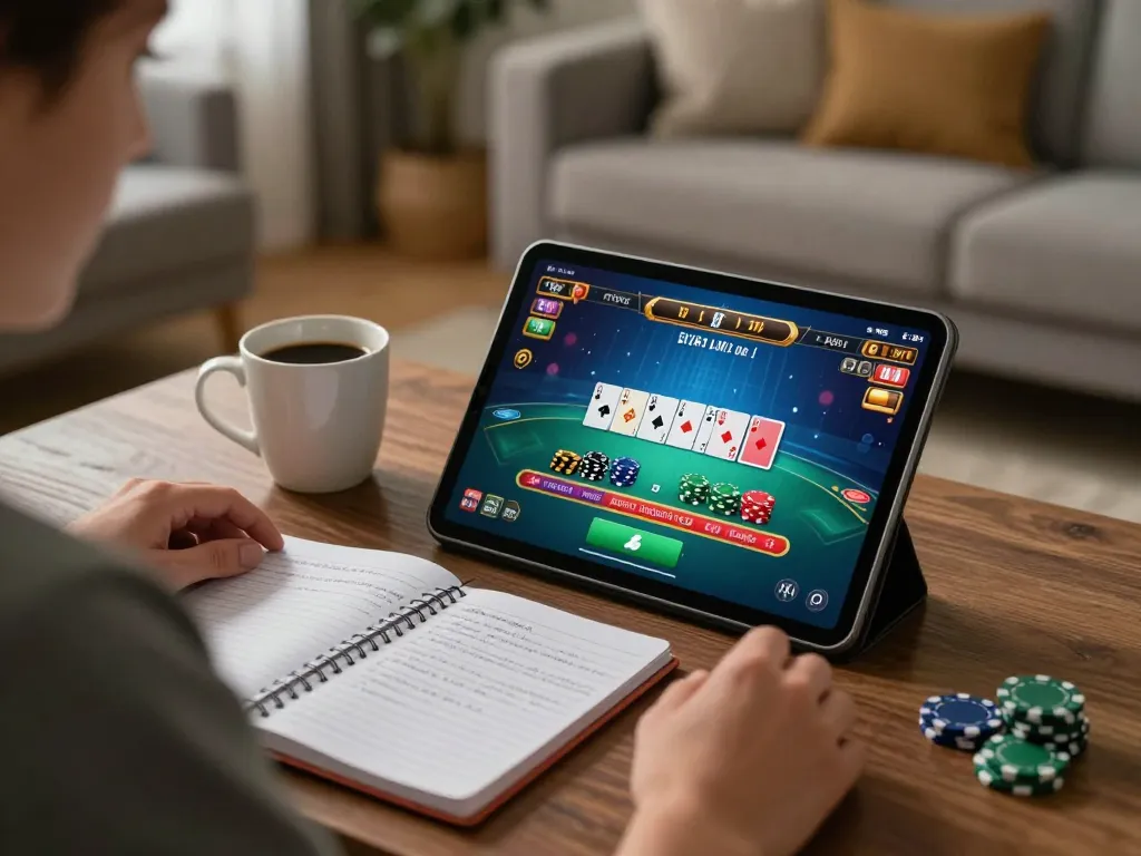 Engaging in a game online of blackjack while tracking strategies at home.