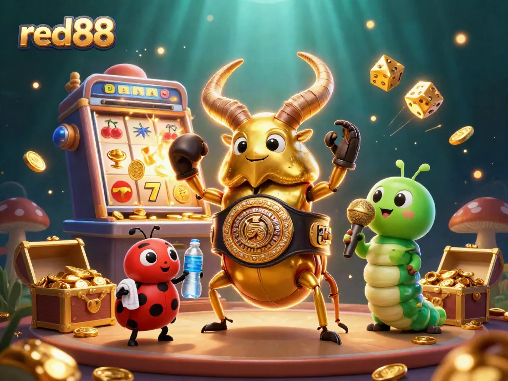 Experience excitement at red88 with a giant stag beetle champion amidst slot machine jackpots.