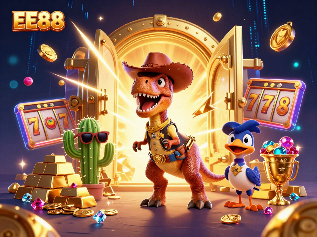 Engage with EE88's thrilling casino scene featuring a cowboy dinosaur and sparkling treasures.
