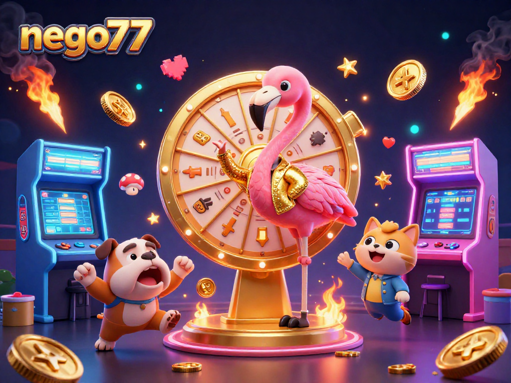 Catch the excitement at nego77 with a vibrant casino game scene featuring a flamingo host, bulldog contestant, and prize scoreboard.