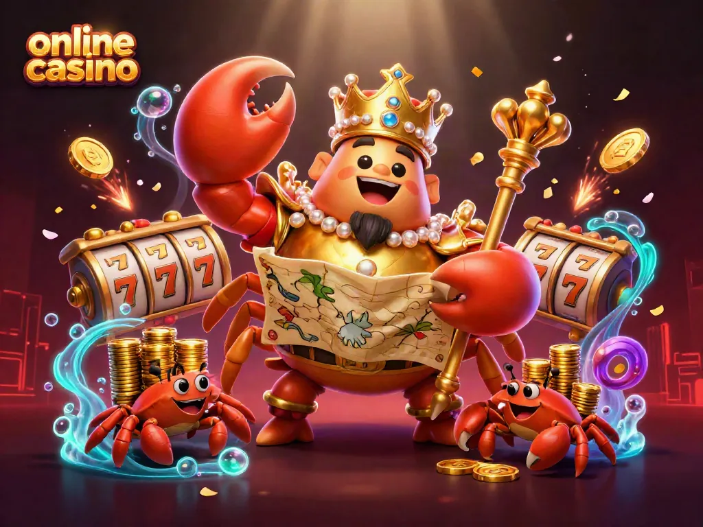Disfruta de juegos en un casino online con emocionantes tragamonedas y un cangrejo emperador dorado.