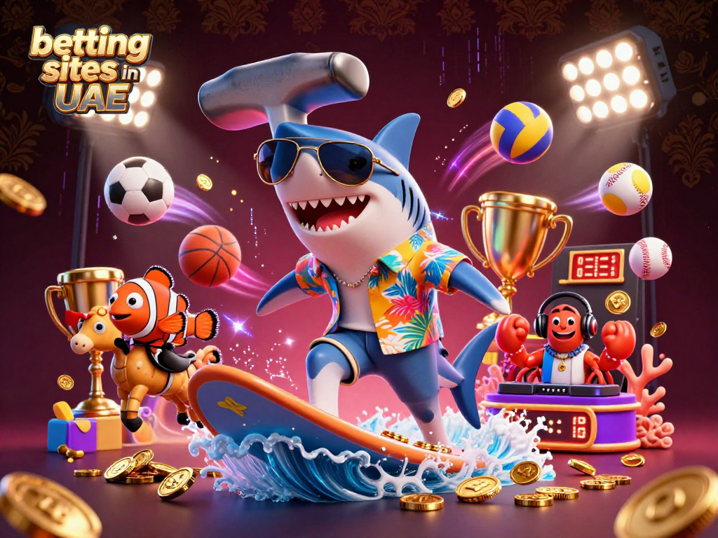 Betting sites in UAE feature a 3D shark and friends in a vibrant sports-themed scene, celebrating dynamic wins.