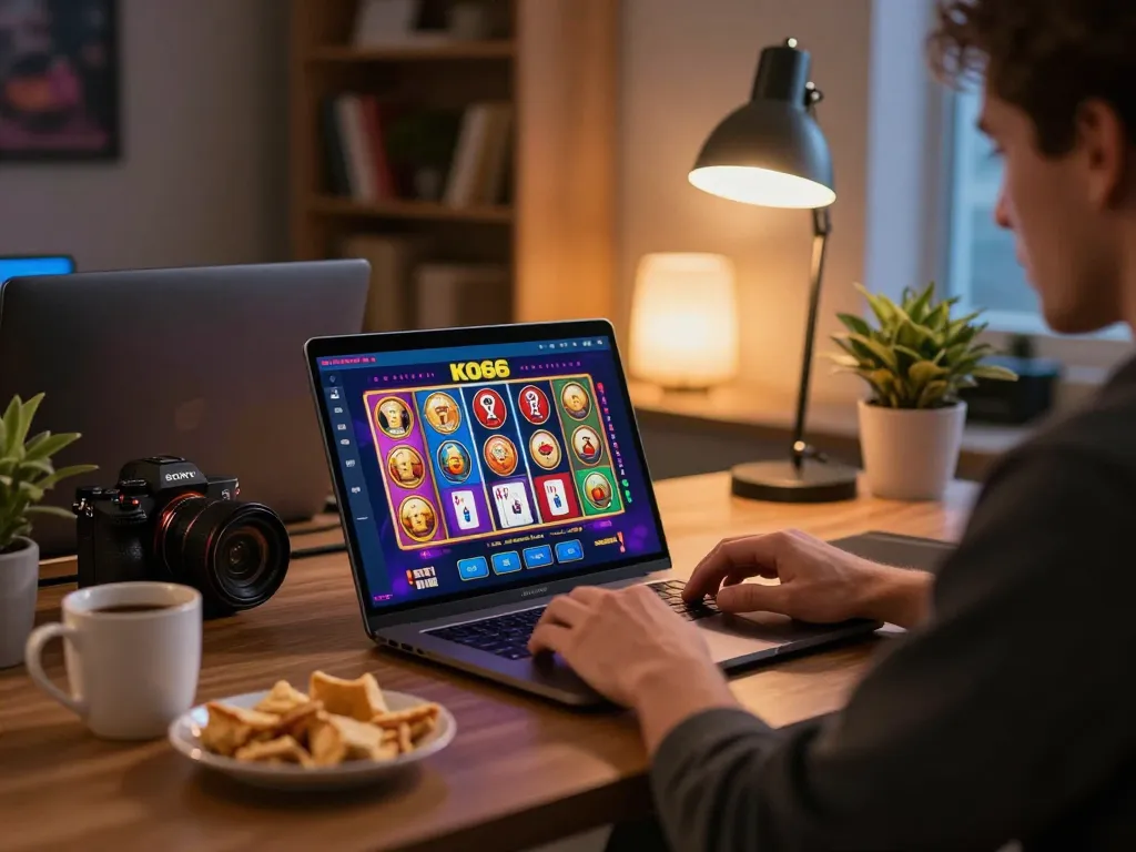 Người chơi thưởng thức trò chơi casino trực tuyến KO66 trên laptop với đồ ăn nhẹ và ánh sáng ấm cúng.
