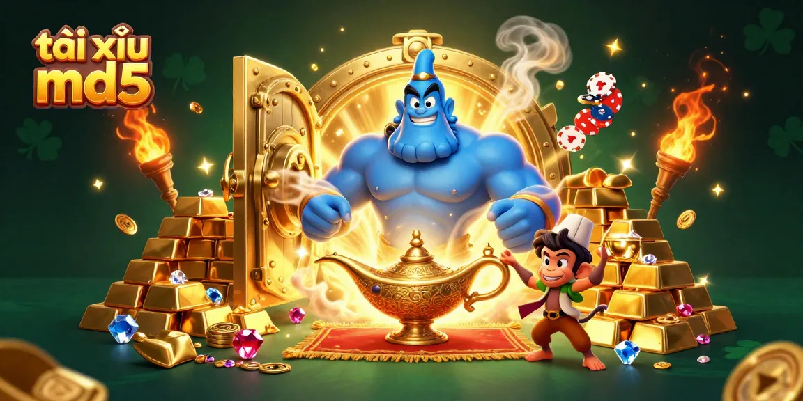 Immerse in tài xỉu md5 gameplay with the playful characters, a genie and monkey amid dazzling casino elements.