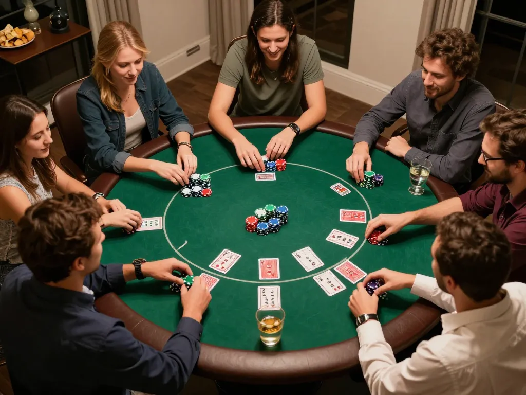 Fun88 players engaged in a lively home poker game with chips and cards, showcasing strategy and camaraderie.