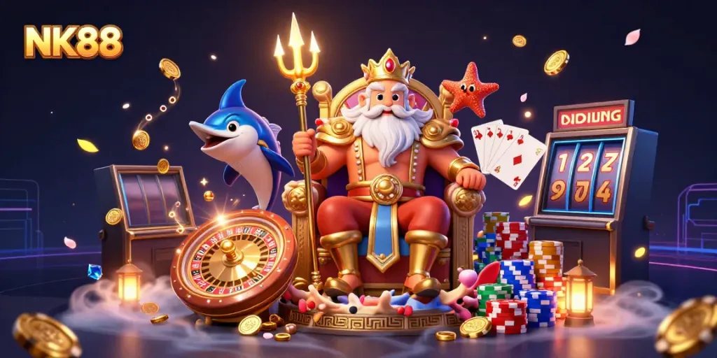 Win exciting prizes at NK88 with vibrant slot machines, roulette wheels, and mystical casino elements.