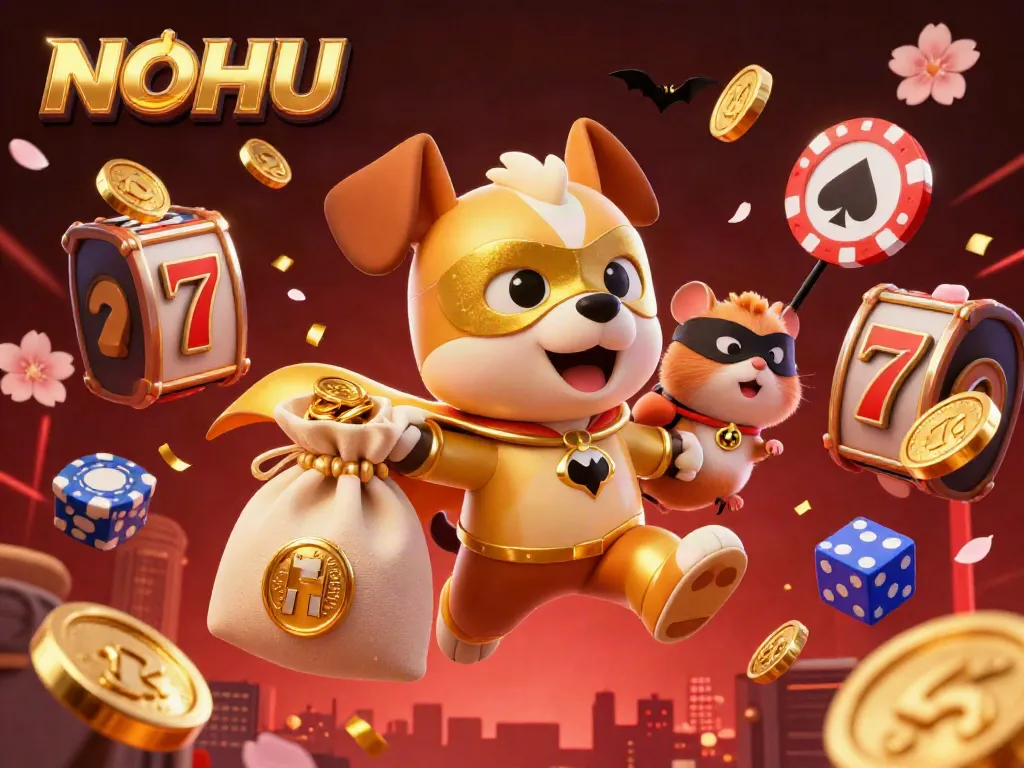Experience the excitement of jackpots with NOHU, a vibrant scene featuring a superhero dog flying with gold coins amidst dynamic gaming elements.