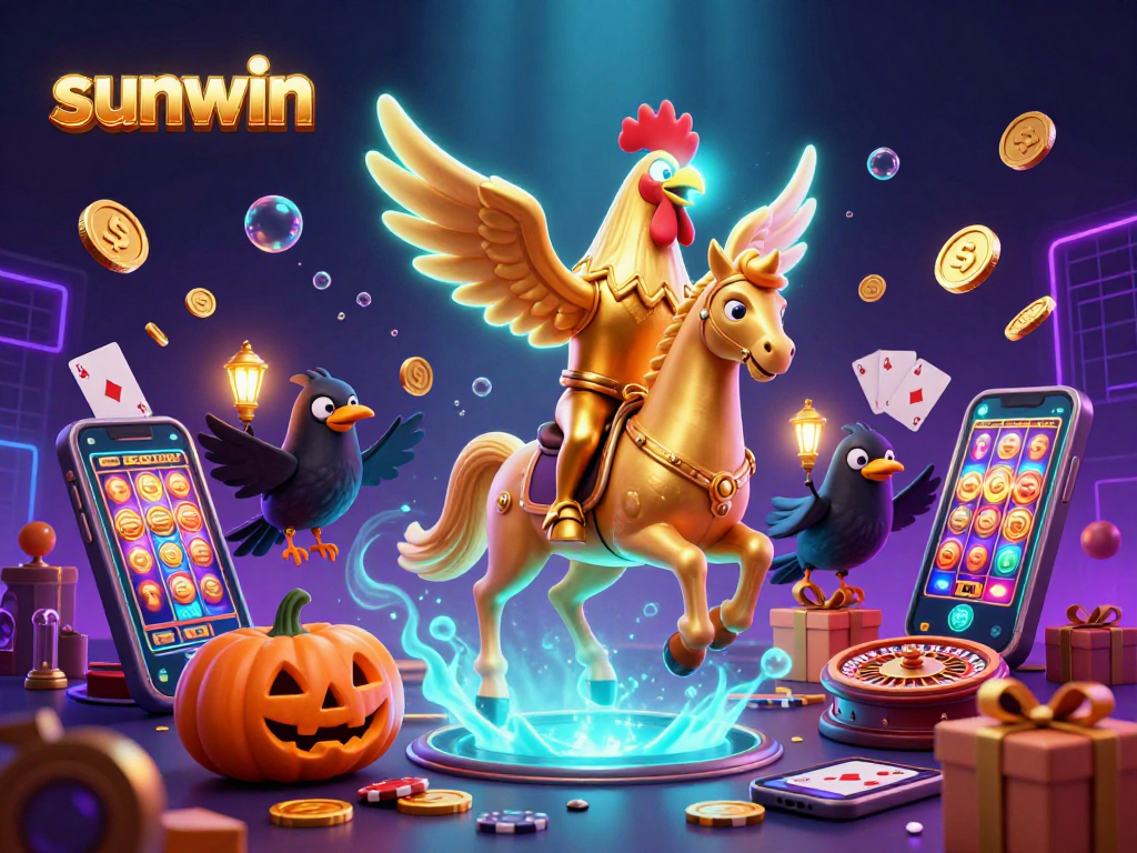 Experience thrilling casino action with sunwin in this colorful illustration of a golden rooster amidst slot games and winning elements.
