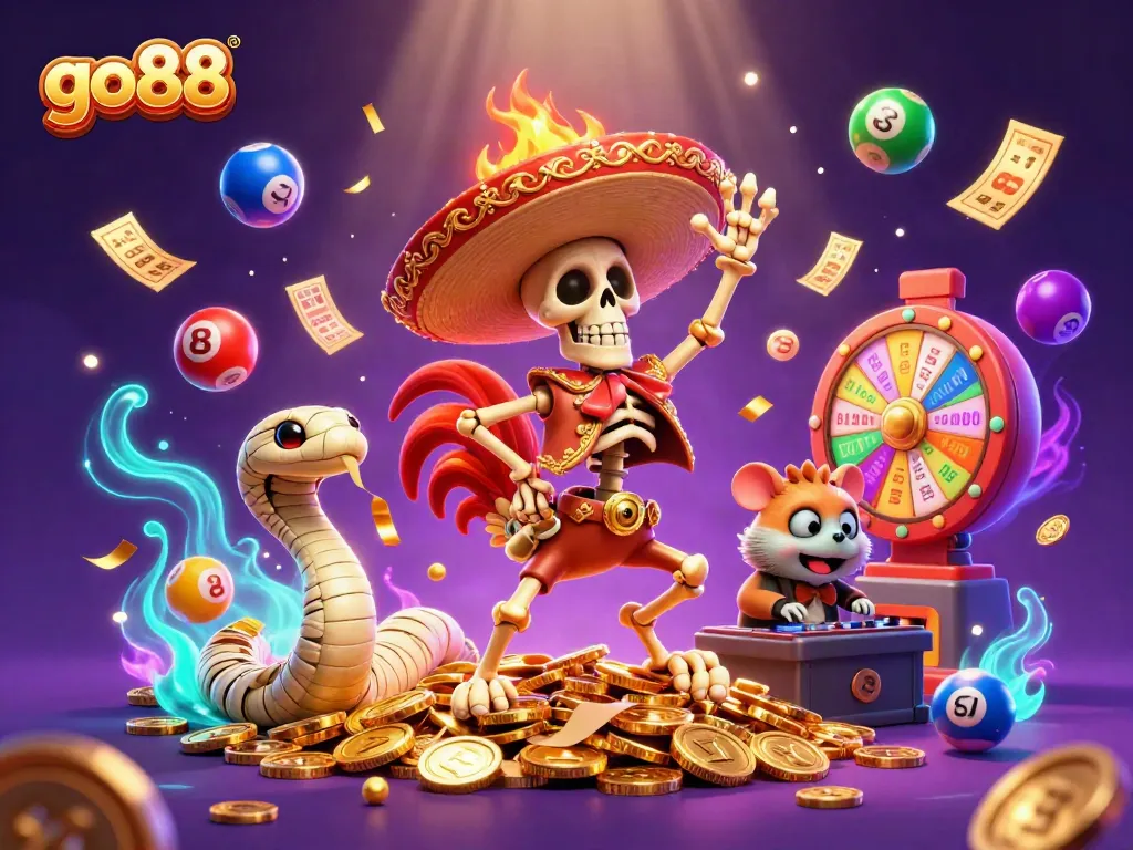 Play go88 with a lively 3D cartoon scene featuring characters celebrating a big win.