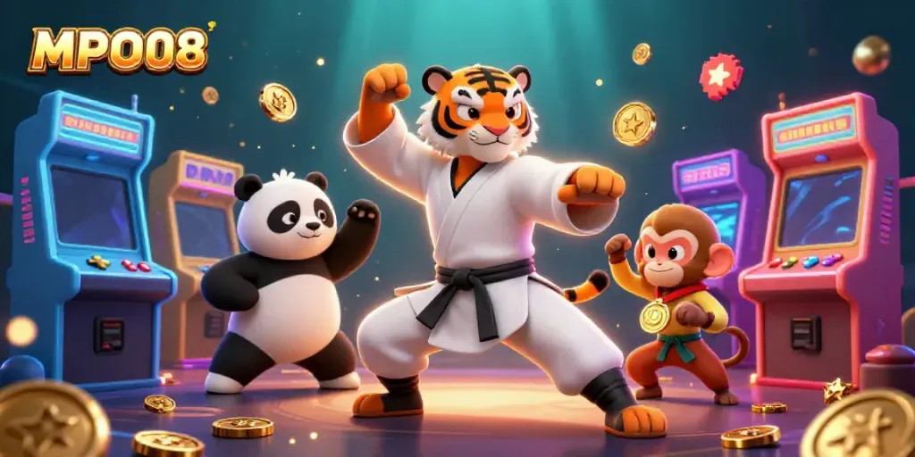 MPO08 showcases an energetic 3D illustration of a kung fu tiger mastering gameplay amidst colorful casino elements.