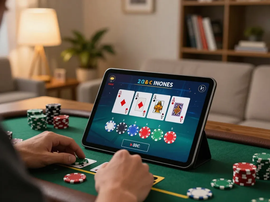 Player enjoying blackjack on gg88live tablet, cozy home setting, engaging in responsible gambling.