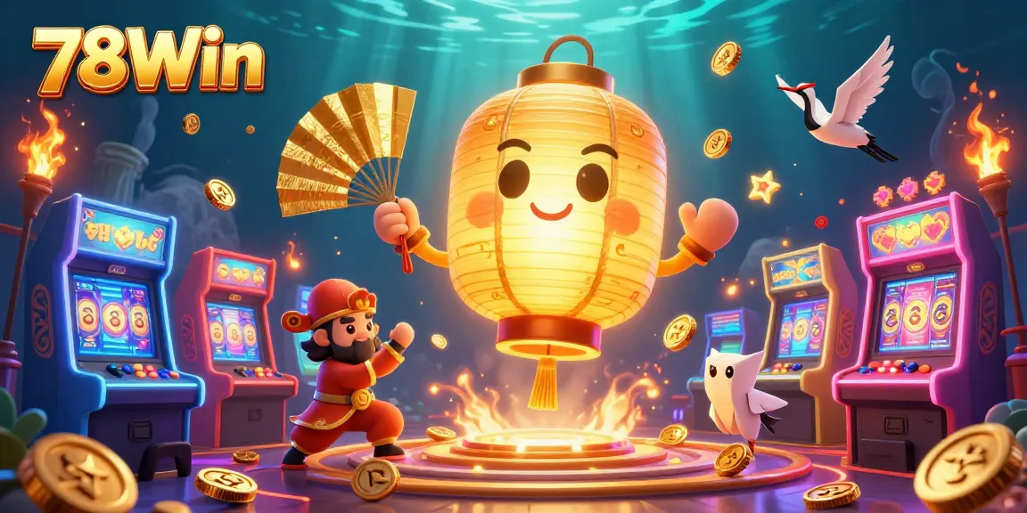 Experience vibrant gaming with 78Win's golden lantern spirit floating over slot reels and arcade games.