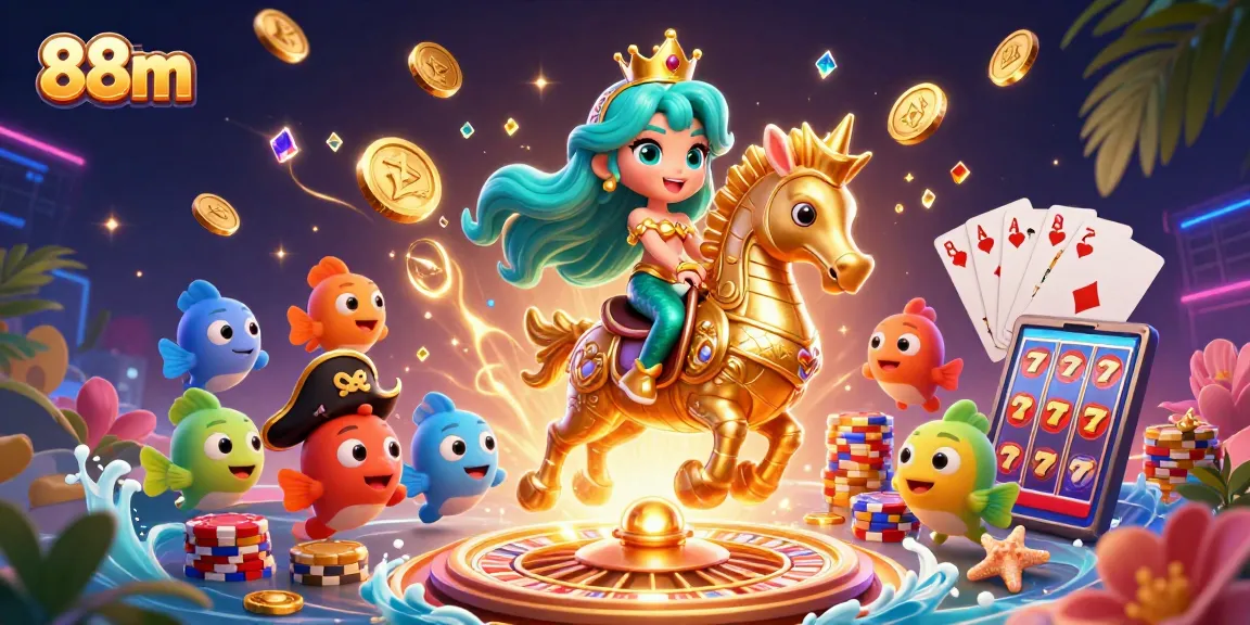 Experience thrilling games at 88m with a vibrant casino scene featuring dynamic characters and festive elements.