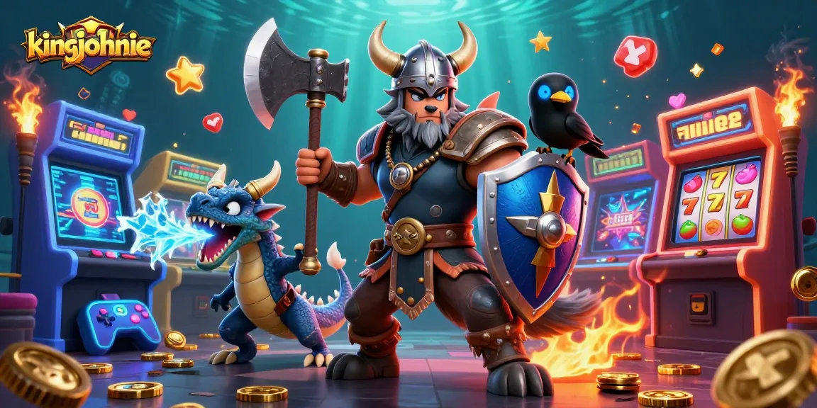 Experience excitement with kingjohnnie's Viking warrior and dragon amid vibrant slot machines.