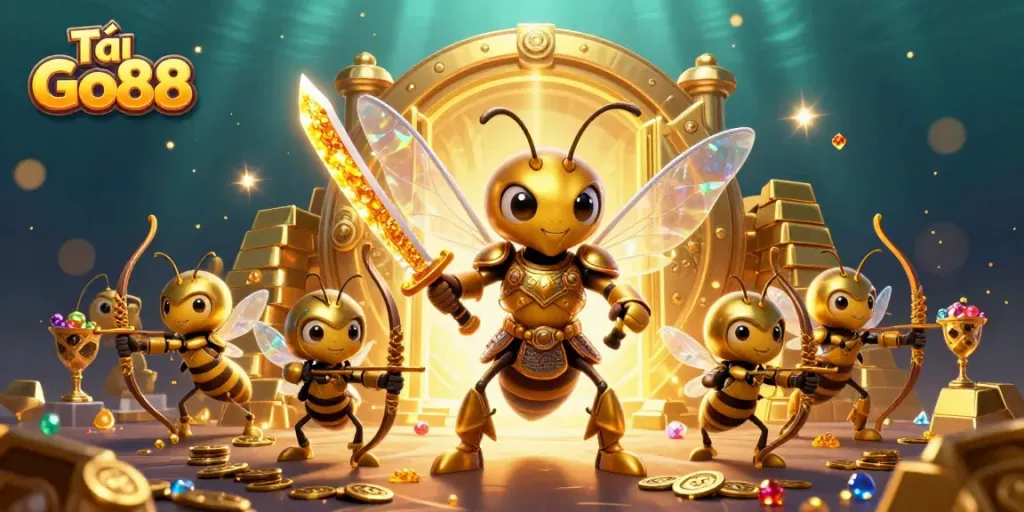 Experience Tải Go88 with dynamic characters in a vibrant casino-themed scene full of treasures.