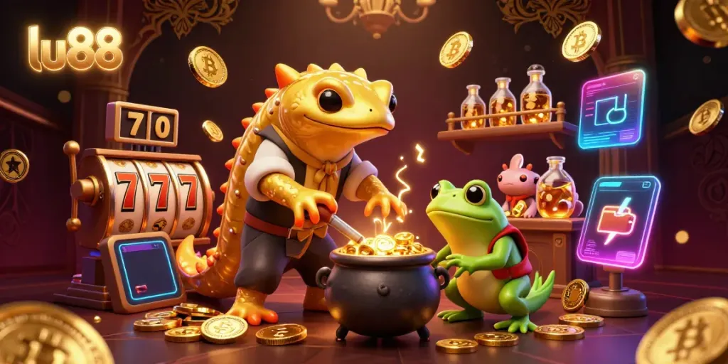 Experience the excitement of lu88 with a dynamic scene of alchemists turning metals into gold alongside casino elements.