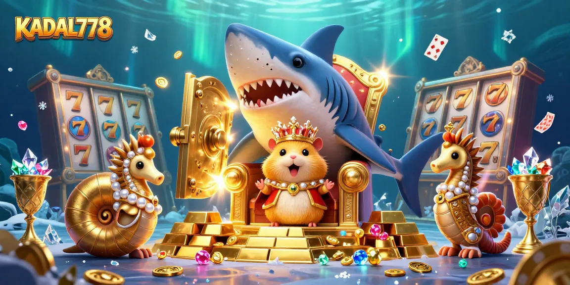 KADAL778 showcases an engaging scene with a golden hamster king on a megalodon throne amidst slot reels and treasures.