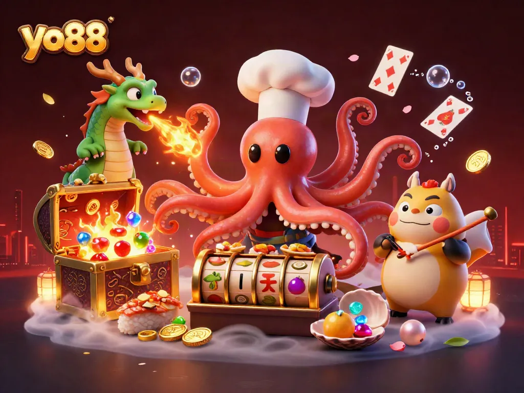 Spin the vibrant slots at yo88 with a playful octopus chef and a fire-breathing dragon!
