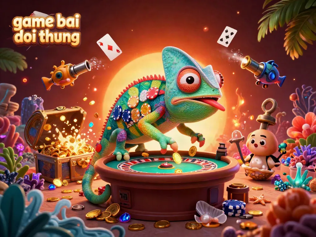 Experience the excitement of game bai doi thuong with a colorful 3D chameleon casino owner surrounded by treasures and playful elements.