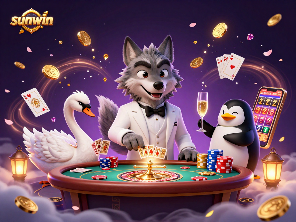 Experience the thrill of sunwin as a debonair wolf, elegant swan, and penguin sommelier engage at a vibrant casino scene.