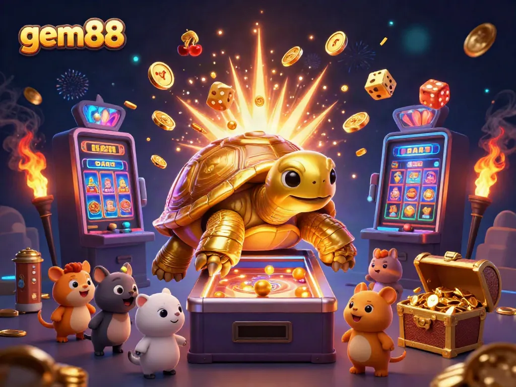 Experience thrilling gambling with gem88, featuring a vibrant scene of a golden tortoise pinball machine and dynamic jackpot elements.