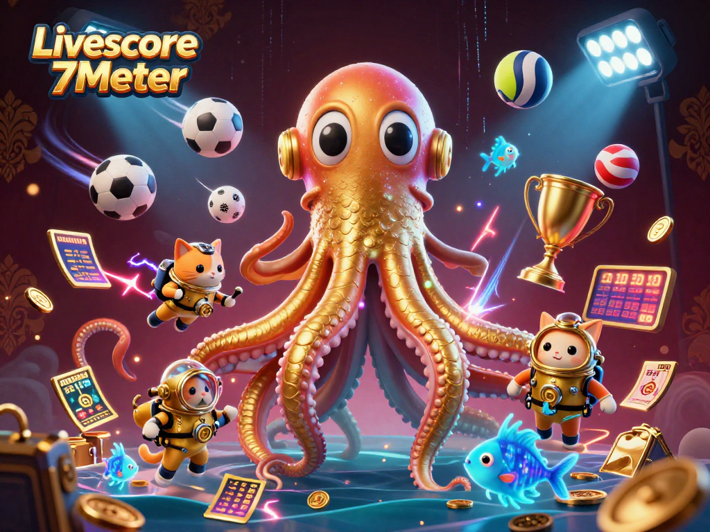Engage with the dynamic action of Livescore 7Meter featuring a colossal kraken and vibrant sports elements.