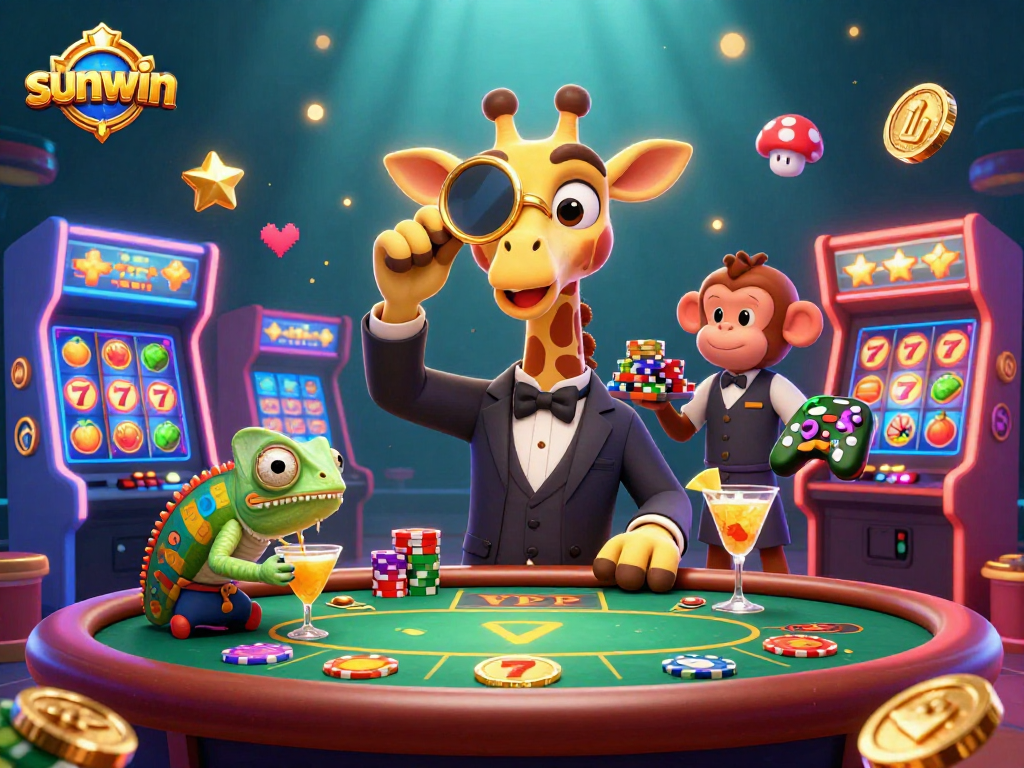 Experience the thrill of gaming with sunwin at this vibrant casino scene featuring a high-roller and lively characters.