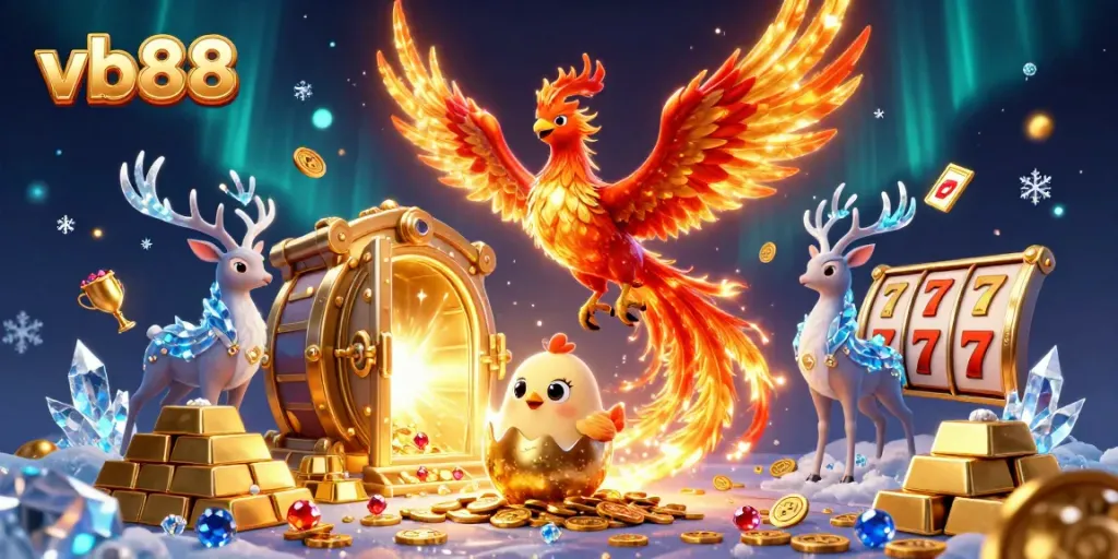 Experience striking gameplay at vb88 with an explosive phoenix and a treasure vault in a vibrant casino scene.
