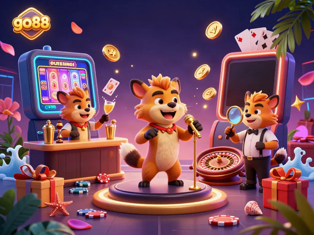 Engage with go88's vibrant casino scene featuring hyenas delivering comedy, serving drinks, and checking IDs.
