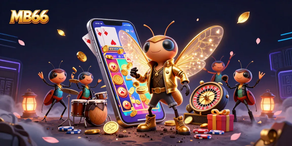 Experience exciting wins at MB66 with a vibrant 3D illustration showcasing dynamic casino elements.