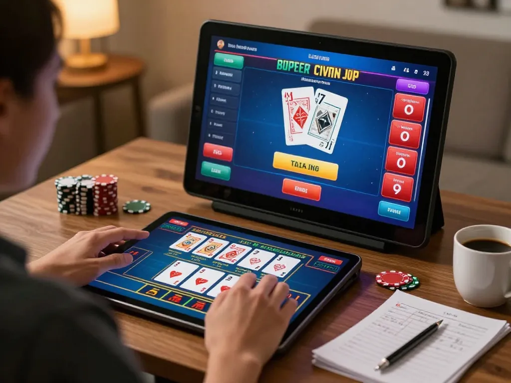 Engaging in online casino gameplay at RR88, using a tablet to check live dealer options with cozy home ambiance
