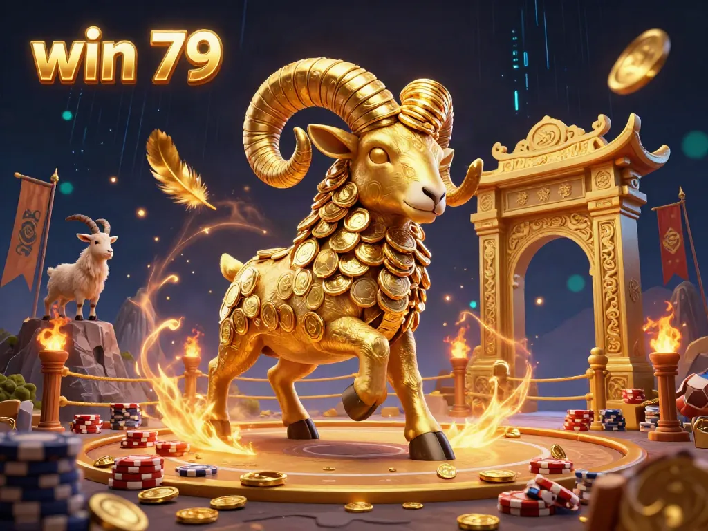 Experience the thrilling action of win 79 with a vibrant scene of a golden ram charging through a dynamic casino environment.