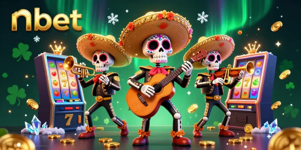 Experience thrilling gaming at nbet with vibrant Day of the Dead casino characters and festive slot machines.