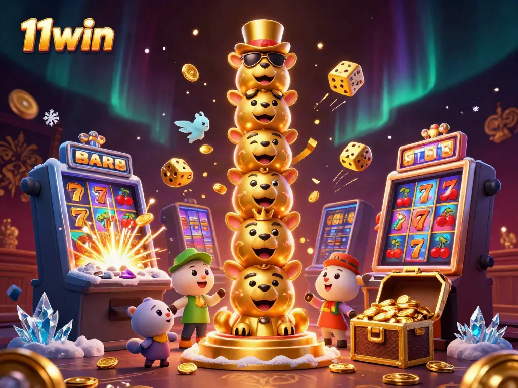 Experience thrilling wins at 11win with vibrant tropes of golden treasures and a dynamic casino scene.