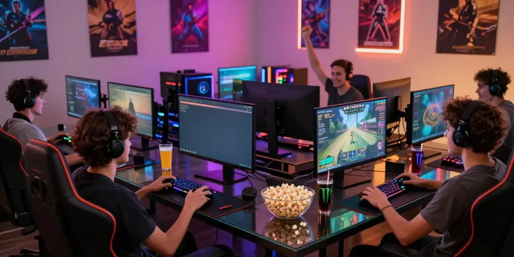Players enjoying a multiplayer gaming session at hitclub3.io with vibrant RGB setups and an inviting atmosphere.