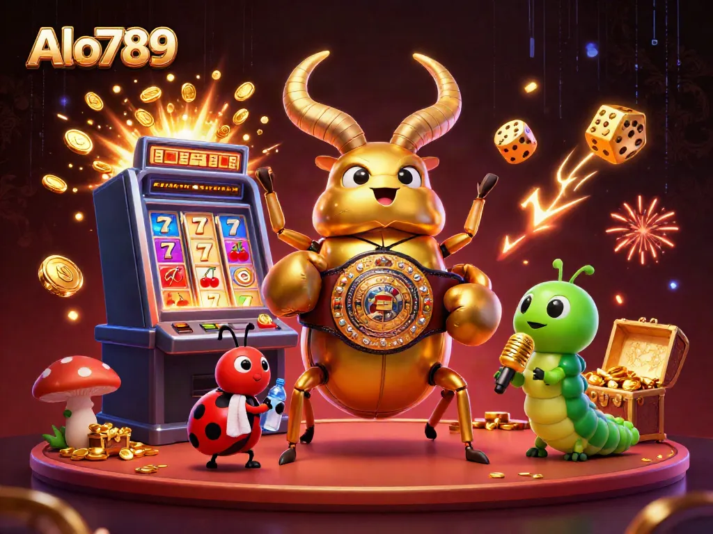 Alo789's vibrant illustration of a golden stag beetle as a boxing champion with a ladybug corner-man, symbolizing exciting casino actions.