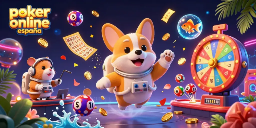 Disfruta del póker online en España con una escena animada llena de acción y diversión.