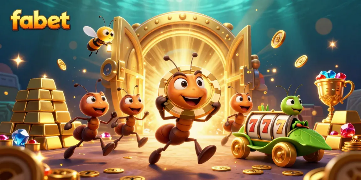 Experience fabet's thrilling poker journey with cartoon ants heisting a giant poker chip.