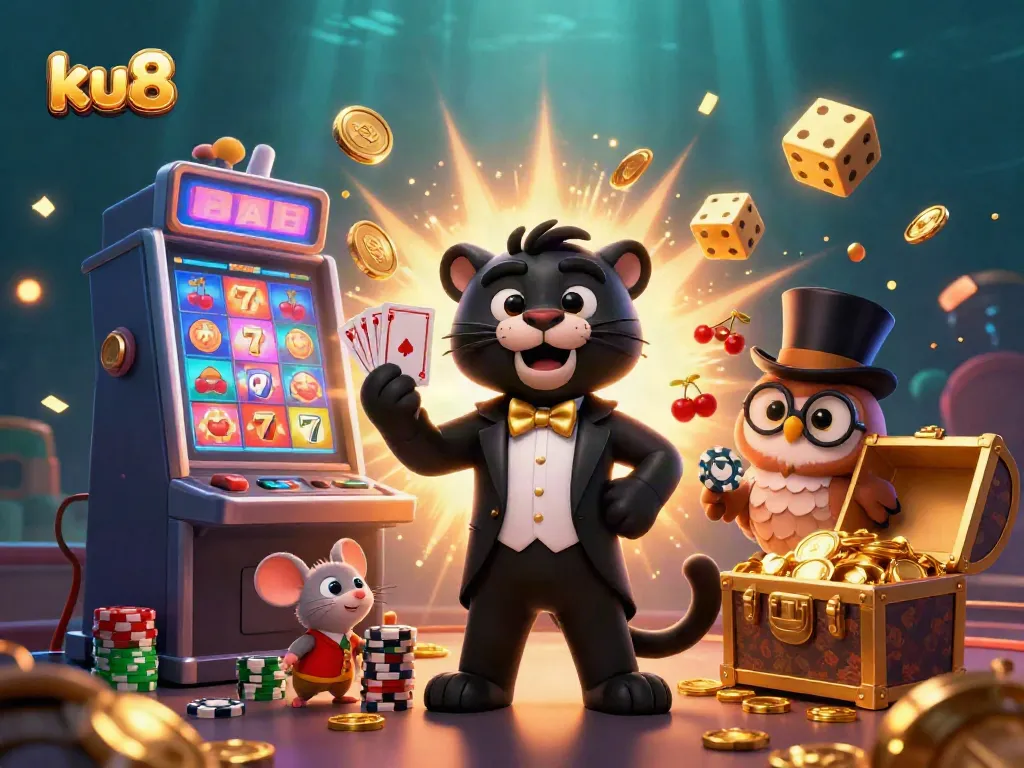 Engage in thrilling casino fun with ku88’s vibrant 3D illustration featuring a tuxedo-clad panther, owl, and lucky mouse.
