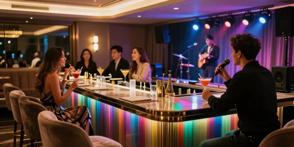 강남 세이렌 고급 노래방에서의 세련된 분위기와 라이브 공연을 즐기는 모습